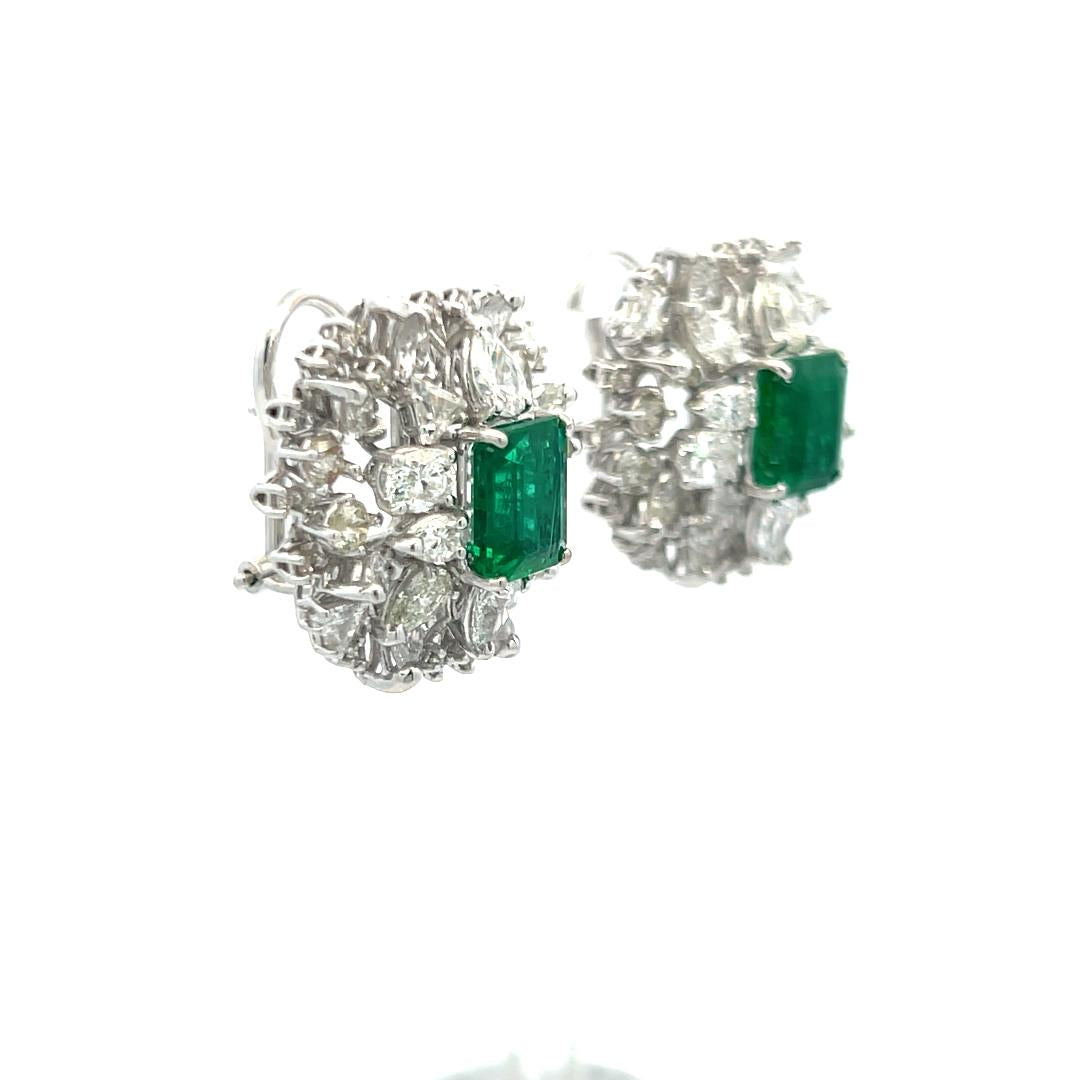 7.40 Carat Emerald Cut Emerald 6.42 Carat X Diamond White Gold Clip On Earrings