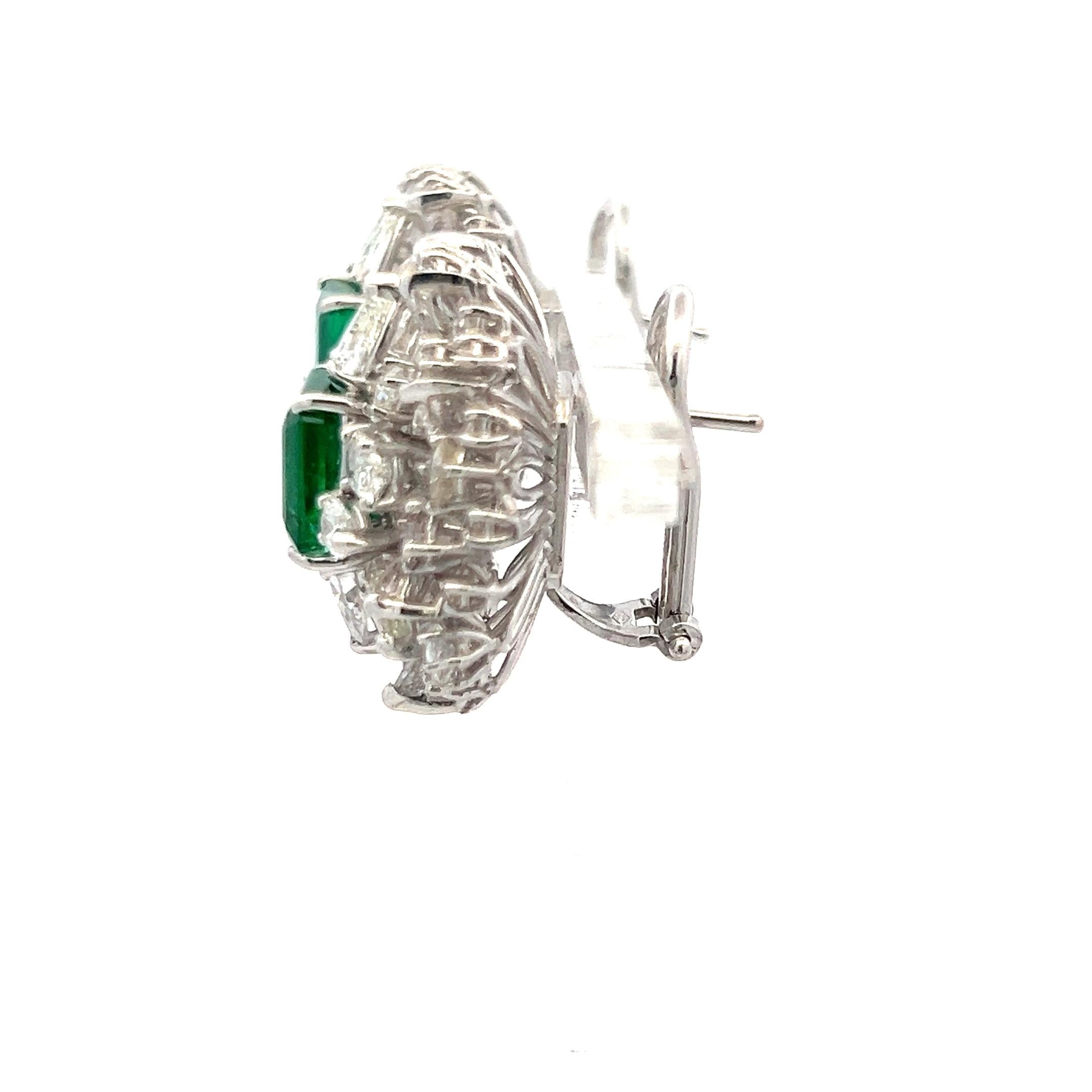 Vintage White Gold Clip On Earrings with 6.42ct Mixed Diamonds & 7.4ct Emerald
