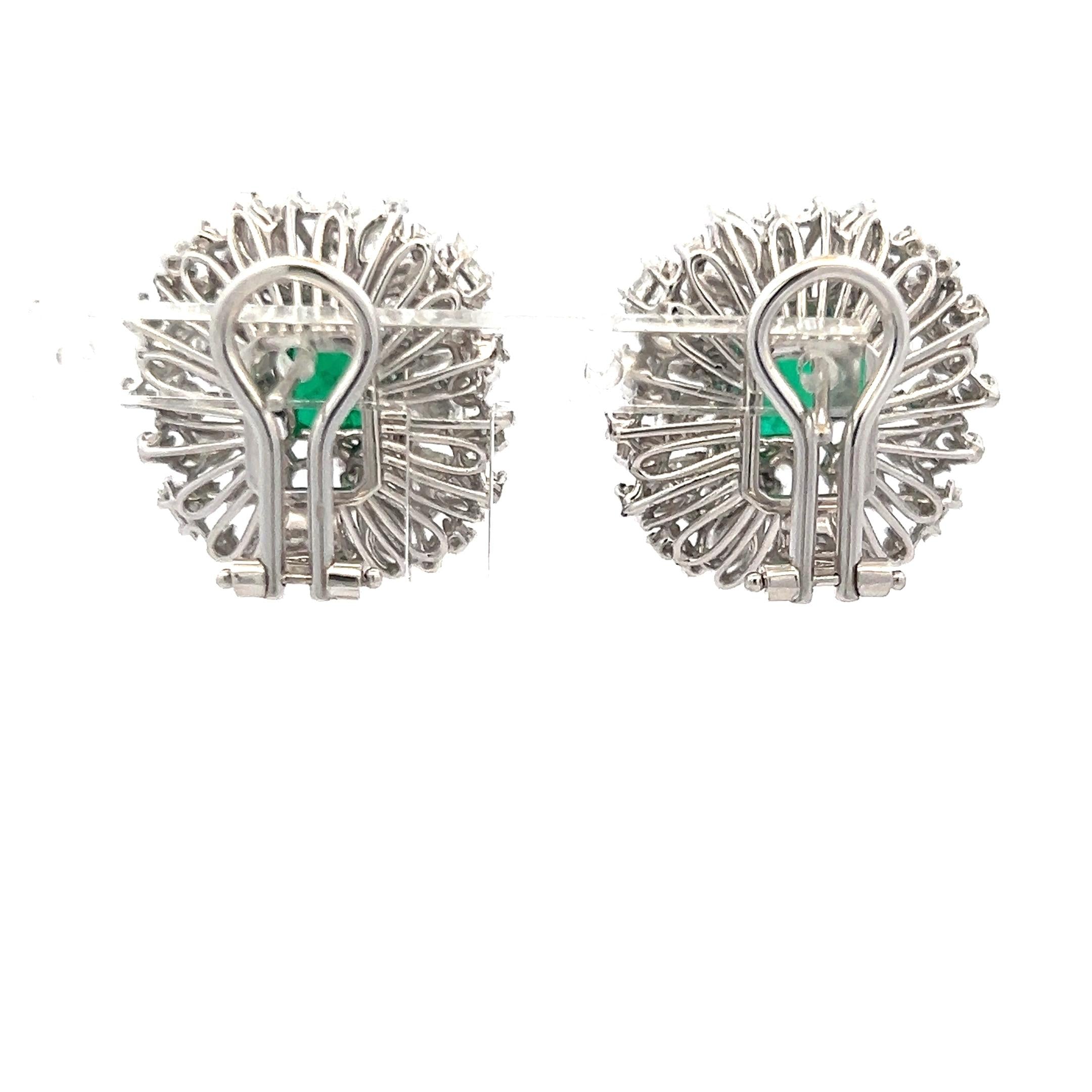 Vintage White Gold Clip On Earrings with 6.42ct Mixed Diamonds & 7.4ct Emerald