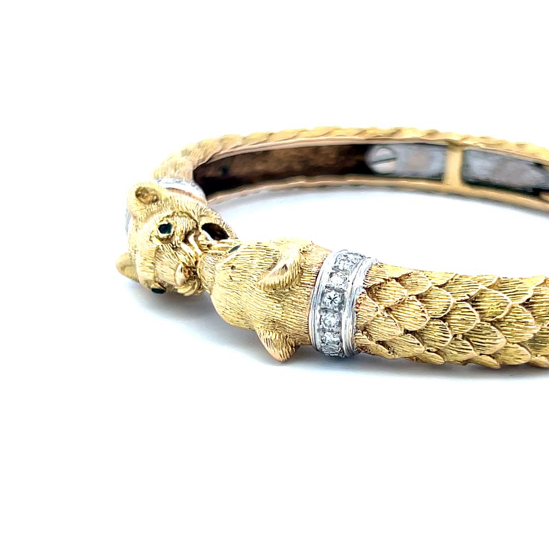 18K Two Tone Gold Bangle Bracelet 0.72ct Round H SI Diamonds & 0.04ct Emerald