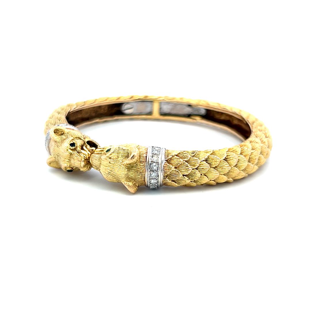 18K Two Tone Gold Bangle Bracelet 0.72ct Round H SI Diamonds & 0.04ct Emerald