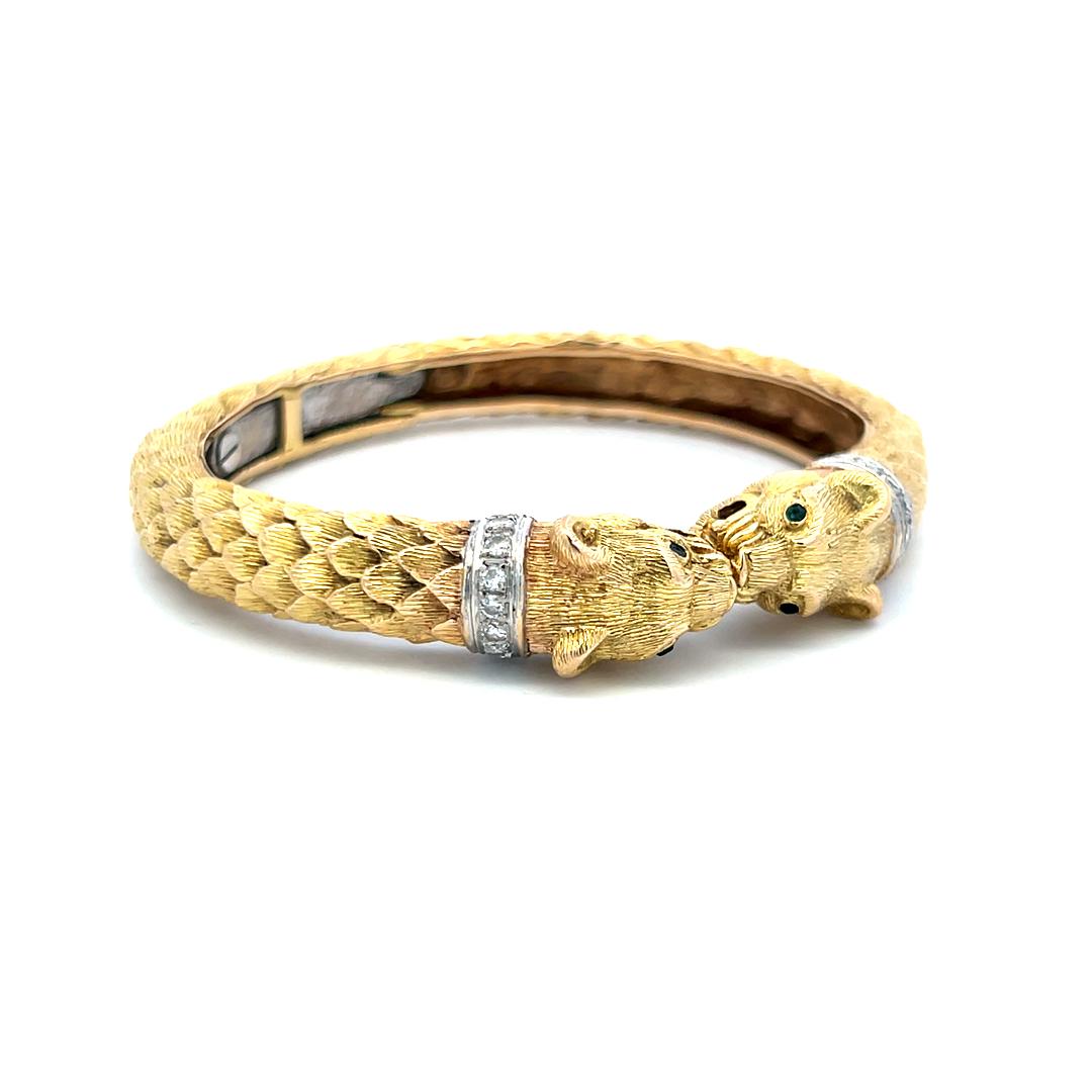18K Two Tone Gold Bangle Bracelet 0.72ct Round H SI Diamonds & 0.04ct Emerald