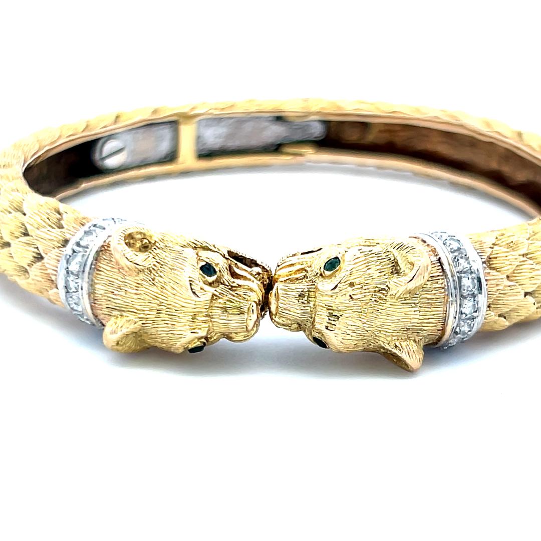 18K Two Tone Gold Bangle Bracelet 0.72ct Round H SI Diamonds & 0.04ct Emerald