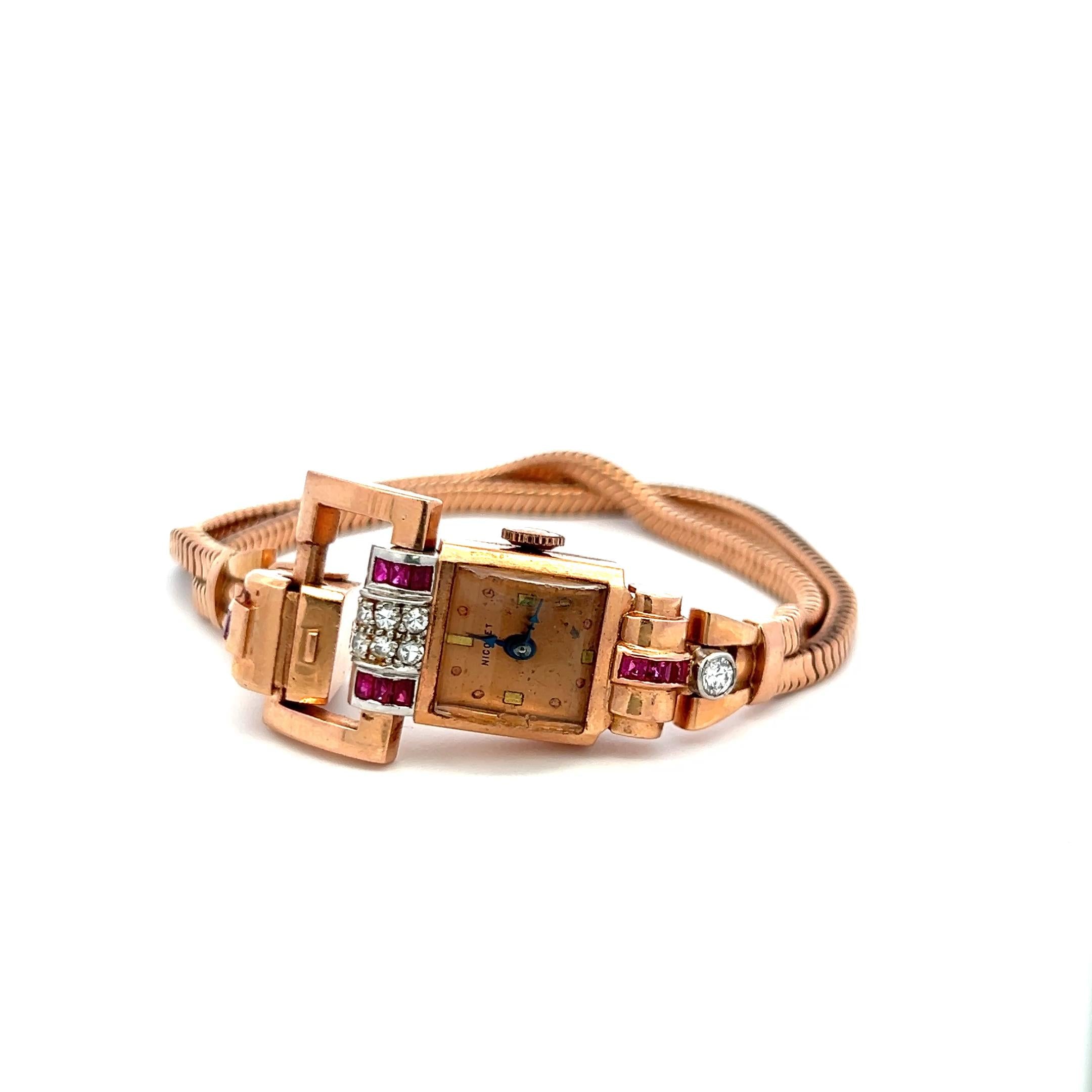 0.70 Carat Ruby 0.40 Carat Round Brilliant Diamond 14K Rose Gold Watch