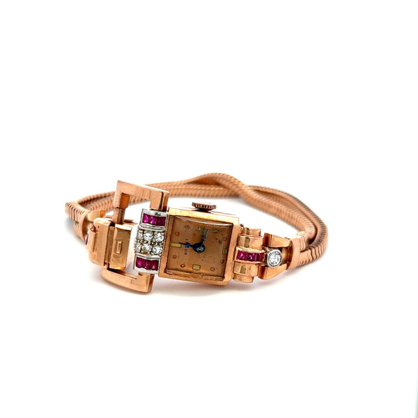 0.70 Carat Ruby 0.40 Carat Round Brilliant Diamond 14K Rose Gold Watch