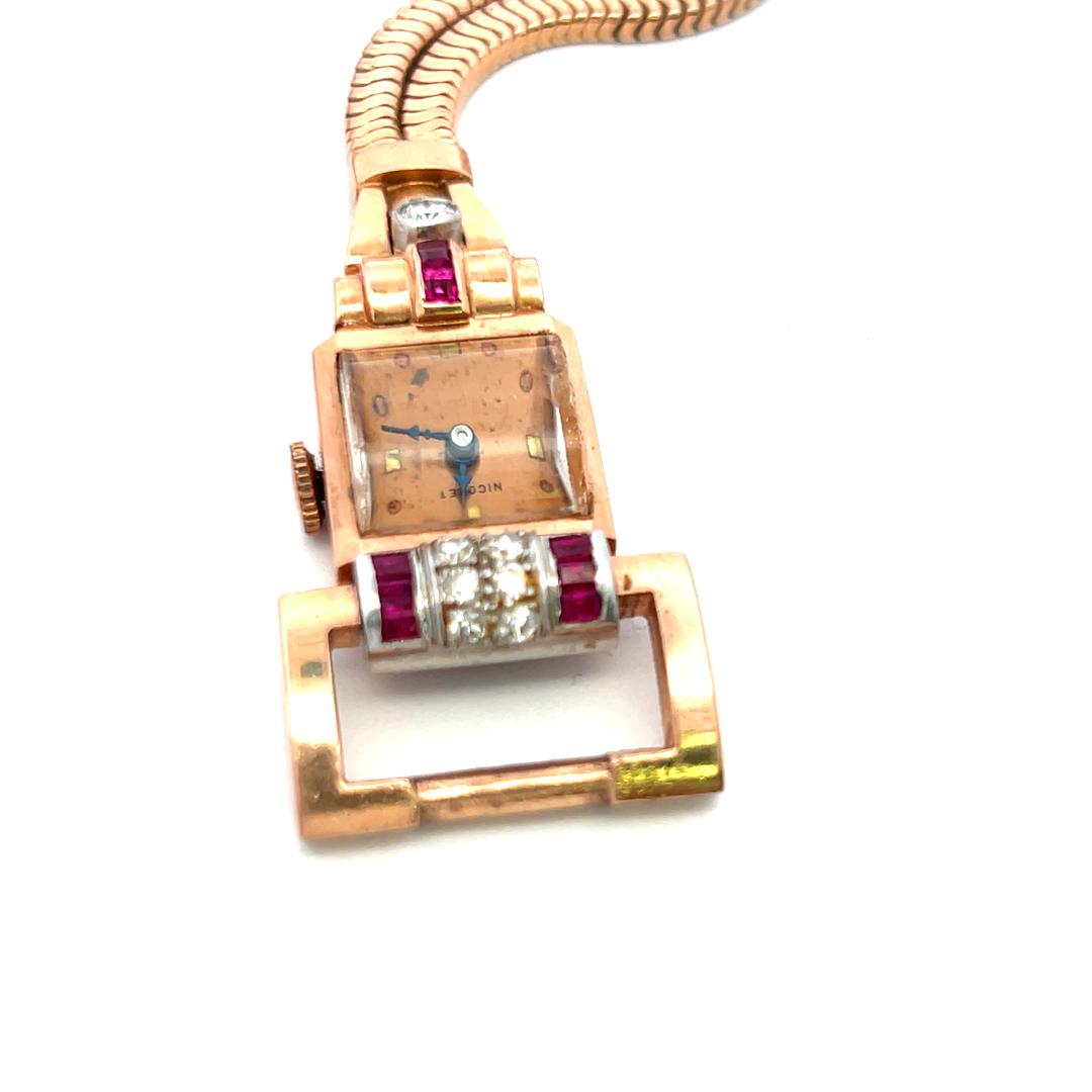 0.70 Carat Ruby 0.40 Carat Round Brilliant Diamond 14K Rose Gold Watch