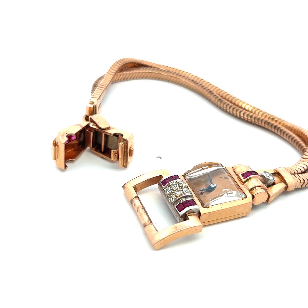 0.70 Carat Ruby 0.40 Carat Round Brilliant Diamond 14K Rose Gold Watch