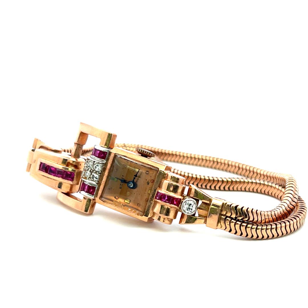 0.70 Carat Ruby 0.40 Carat Round Brilliant Diamond 14K Rose Gold Watch