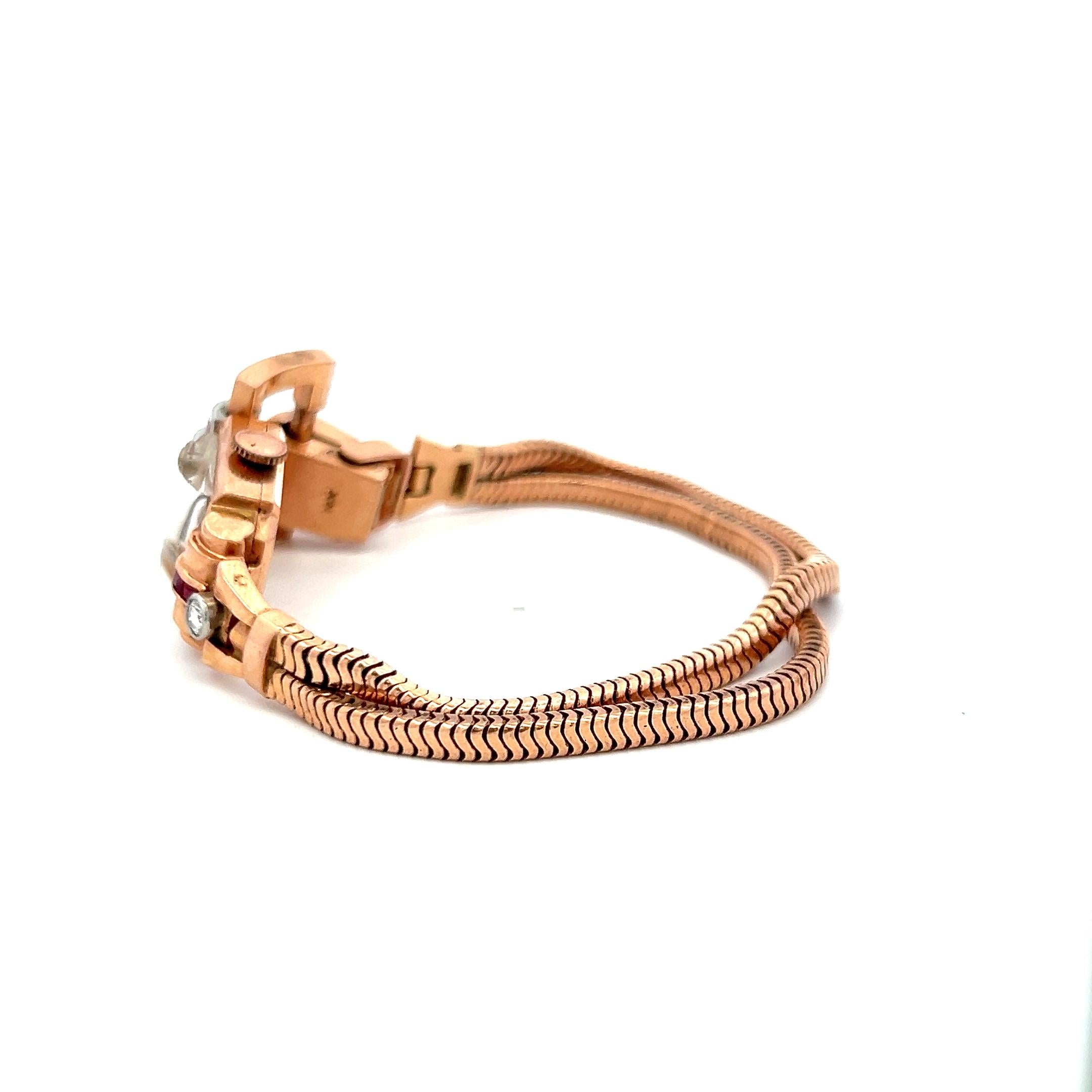 0.70 Carat Ruby 0.40 Carat Round Brilliant Diamond 14K Rose Gold Watch