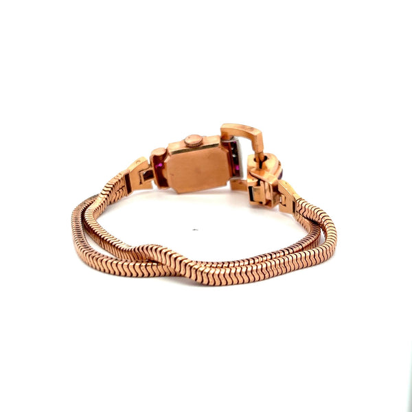 0.70 Carat Ruby 0.40 Carat Round Brilliant Diamond 14K Rose Gold Watch