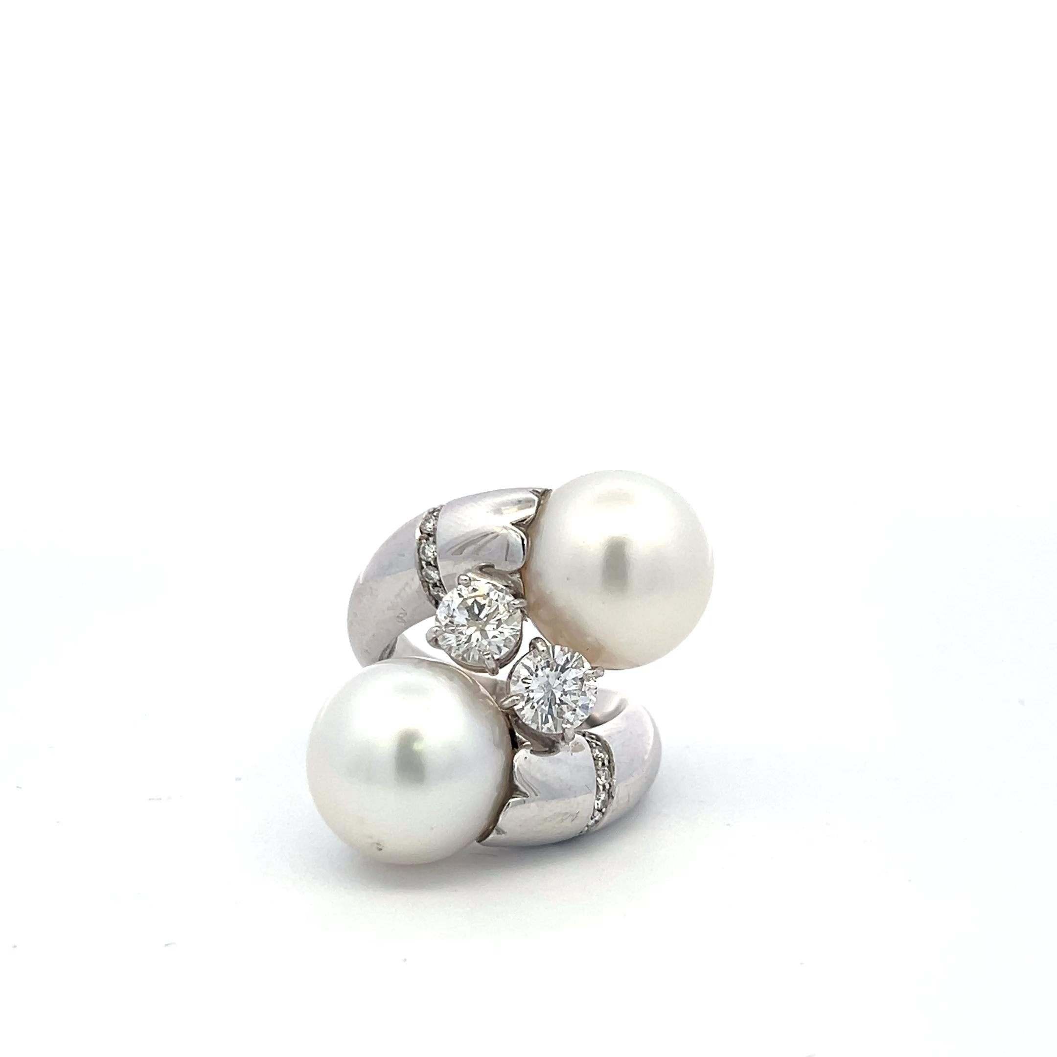 18K White Gold Pearl & 1.87ct Diamond Bypass Cocktail Ring – Size 5.25