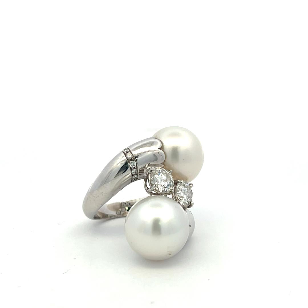 18K White Gold Pearl & 1.87ct Diamond Bypass Cocktail Ring – Size 5.25