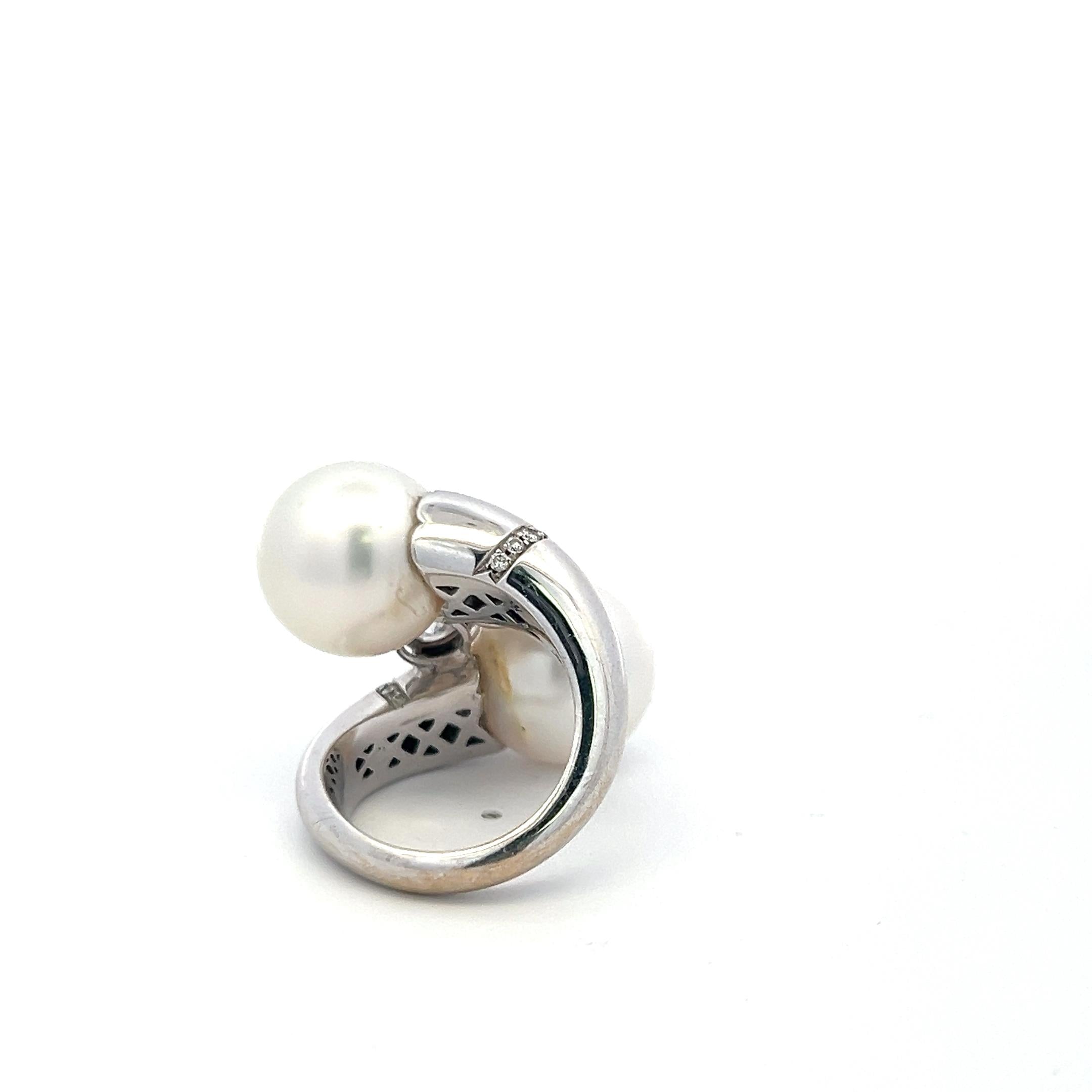 18K White Gold Pearl & 1.87ct Diamond Bypass Cocktail Ring – Size 5.25