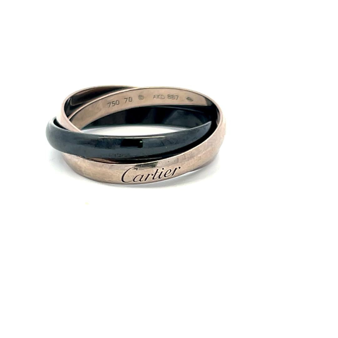 Cartier 18 Karat Two Tone Gold and Ceramic Trinity Ring Size 12 Box and Paper