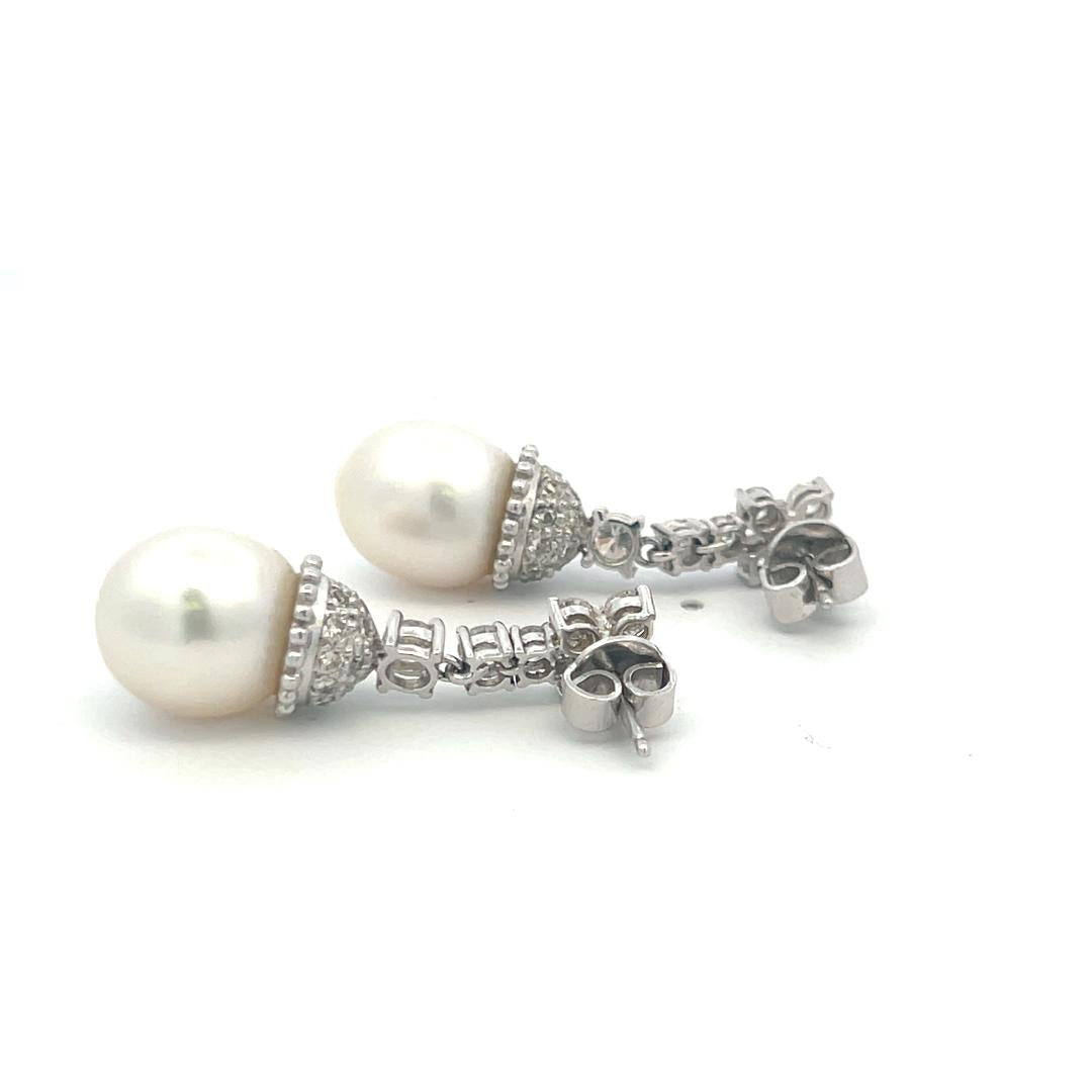1.70 Carat Round Brilliant H VS Diamond 11.6-13MM Pearl Platinum Drop Earrings