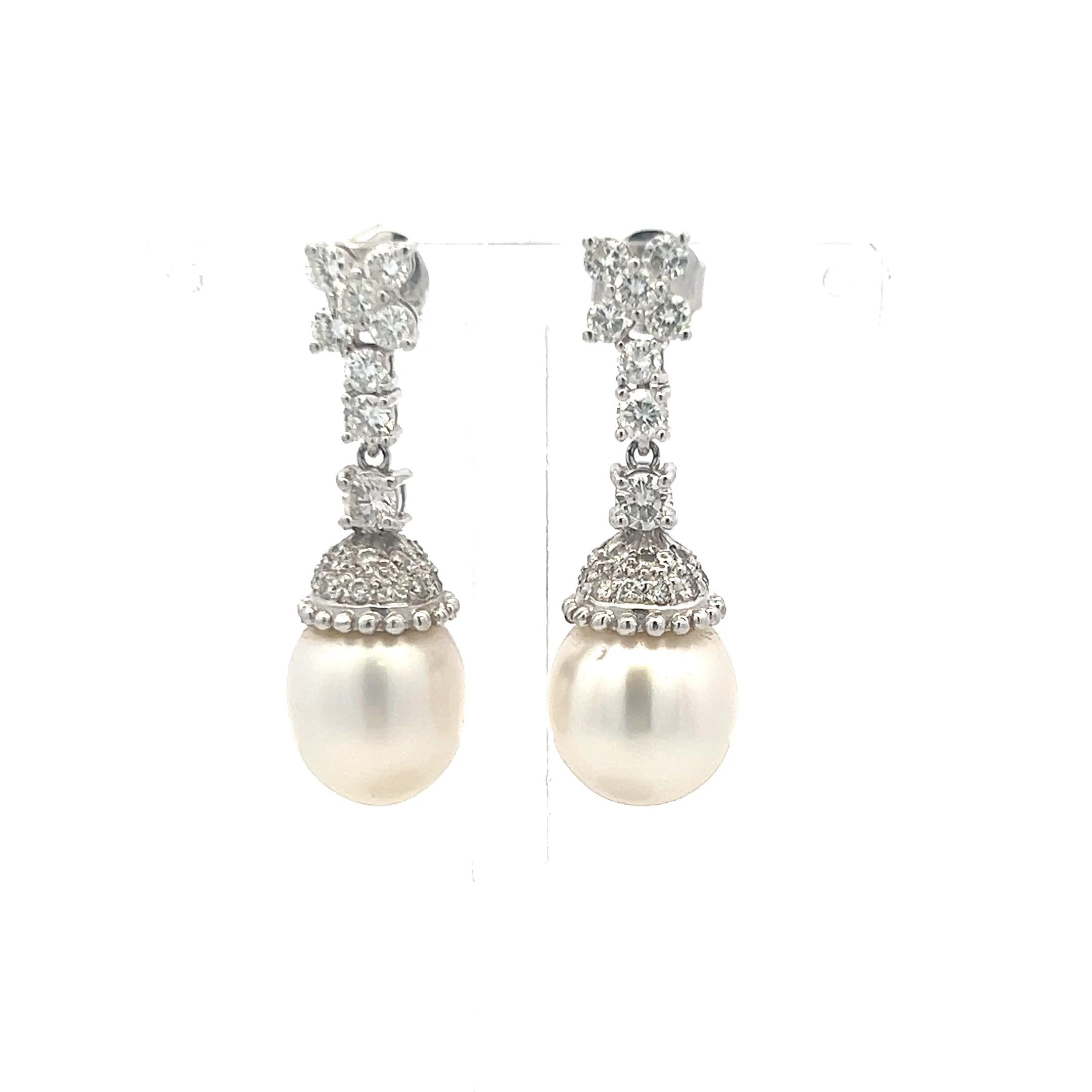 1.70 Carat Round Brilliant H VS Diamond 11.6-13MM Pearl Platinum Drop Earrings