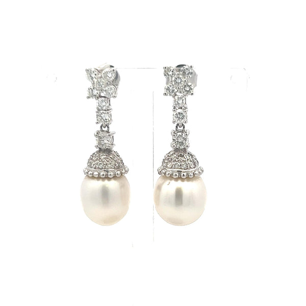 1.70 Carat Round Brilliant H VS Diamond 11.6-13MM Pearl Platinum Drop Earrings