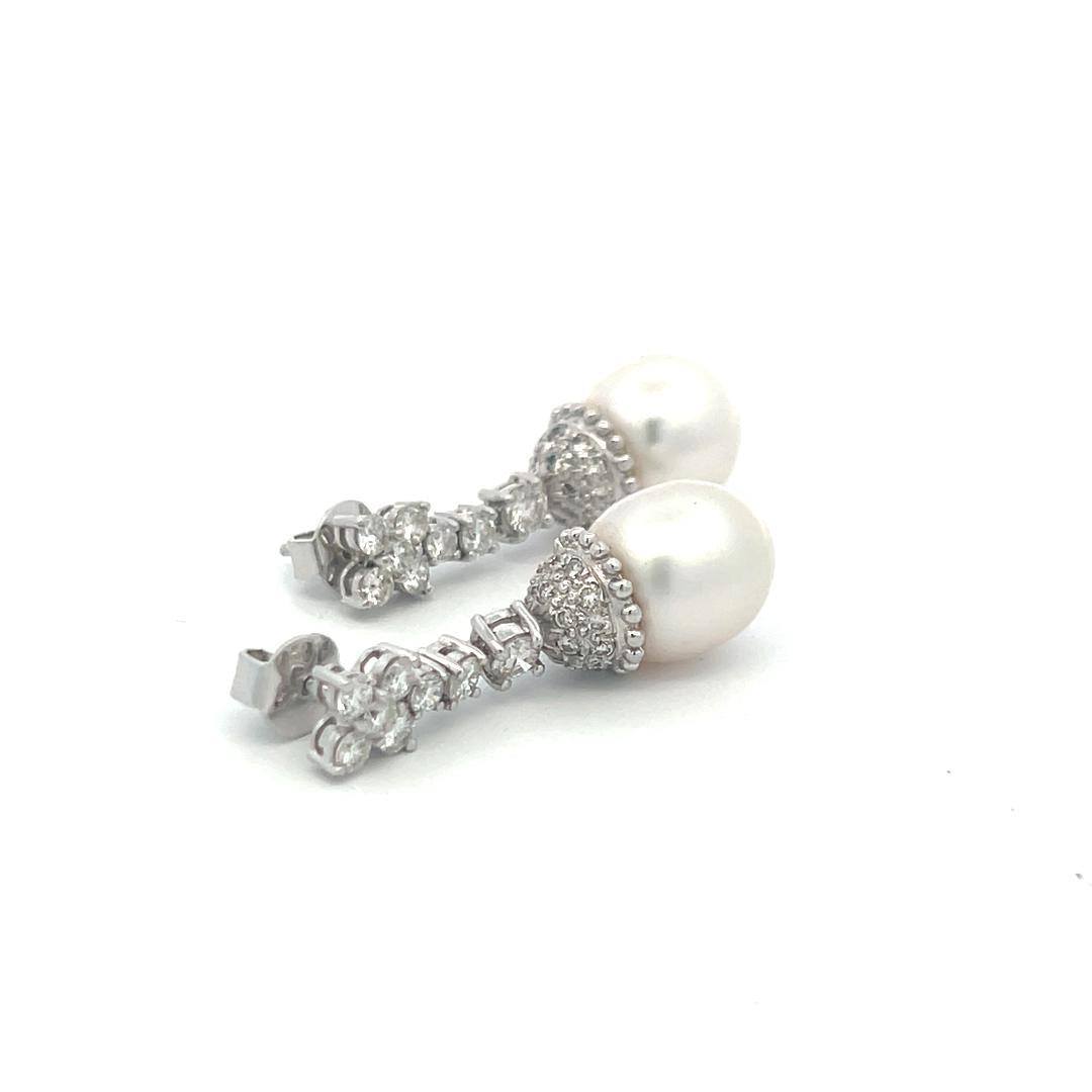1.70 Carat Round Brilliant H VS Diamond 11.6-13MM Pearl Platinum Drop Earrings