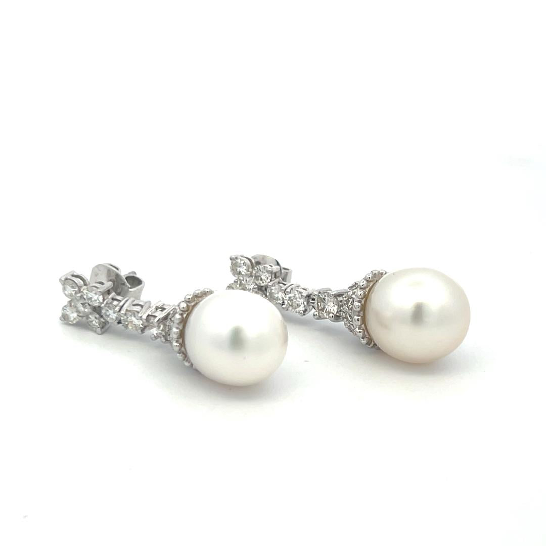 1.70 Carat Round Brilliant H VS Diamond 11.6-13MM Pearl Platinum Drop Earrings