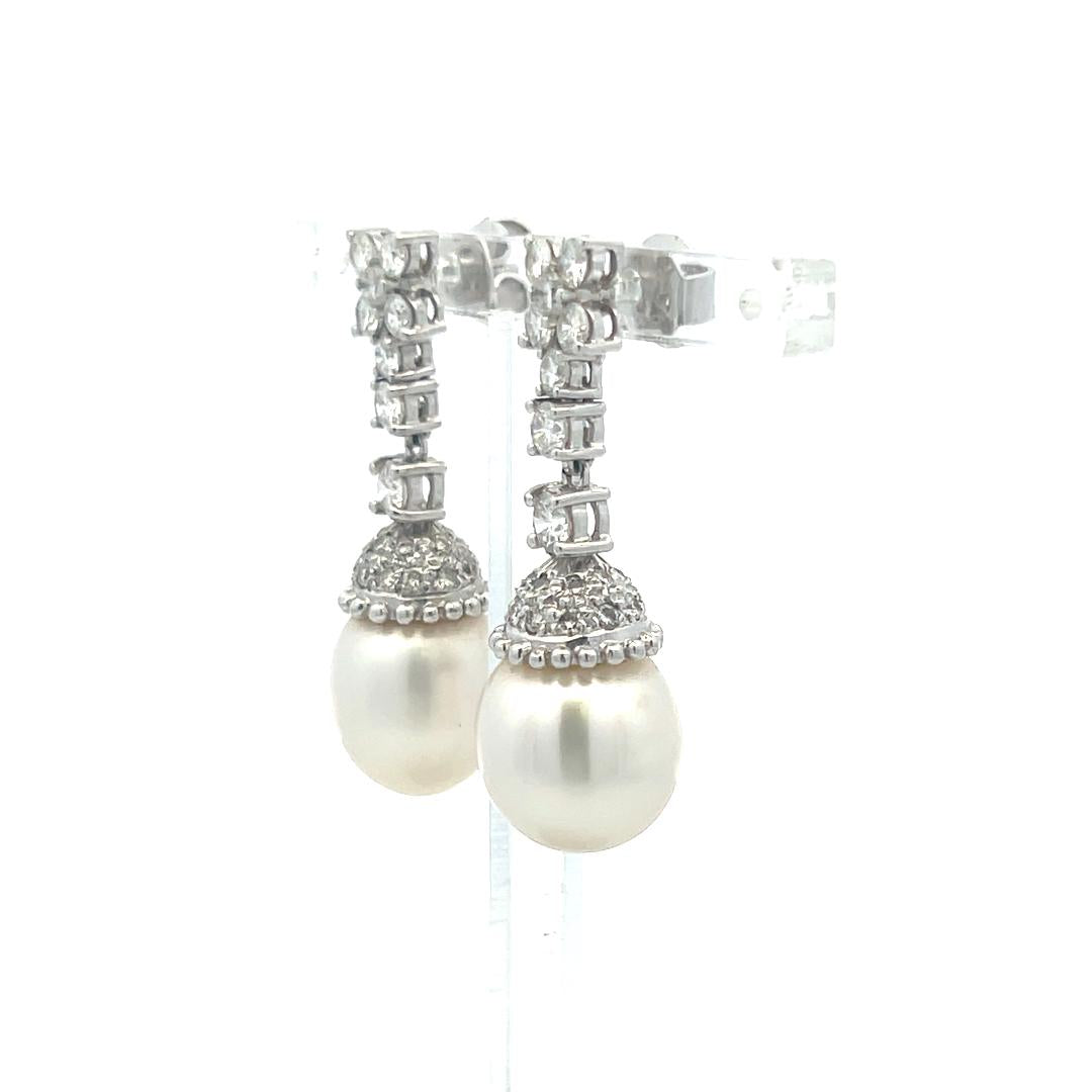 1.70 Carat Round Brilliant H VS Diamond 11.6-13MM Pearl Platinum Drop Earrings