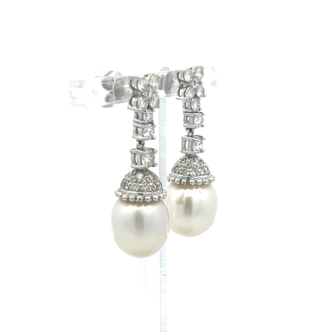 1.70 Carat Round Brilliant H VS Diamond 11.6-13MM Pearl Platinum Drop Earrings