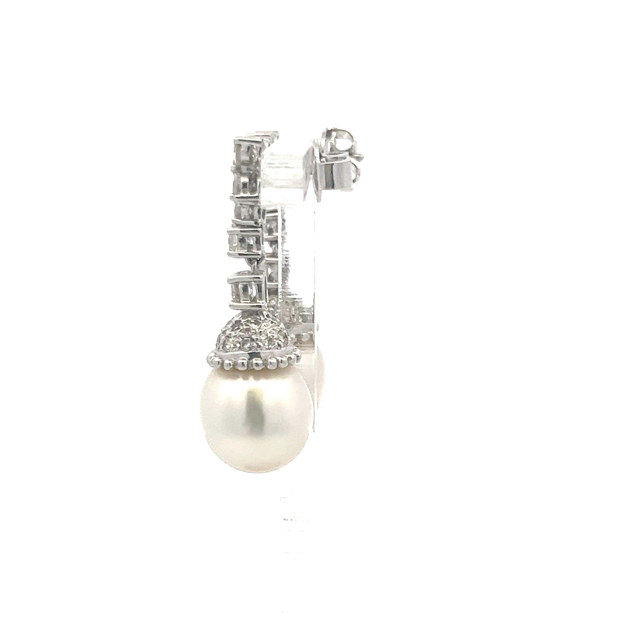 1.70 Carat Round Brilliant H VS Diamond 11.6-13MM Pearl Platinum Drop Earrings