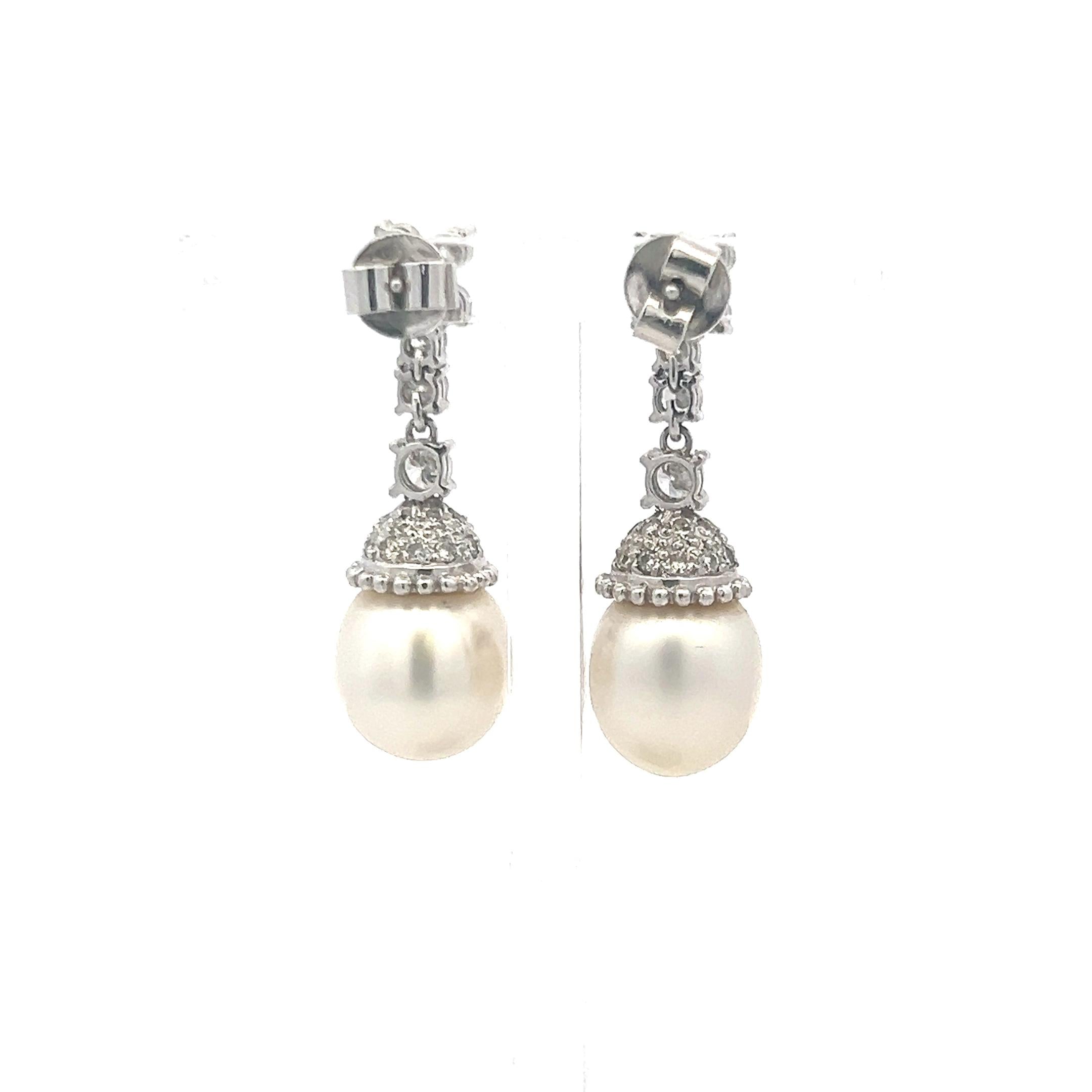 1.70 Carat Round Brilliant H VS Diamond 11.6-13MM Pearl Platinum Drop Earrings