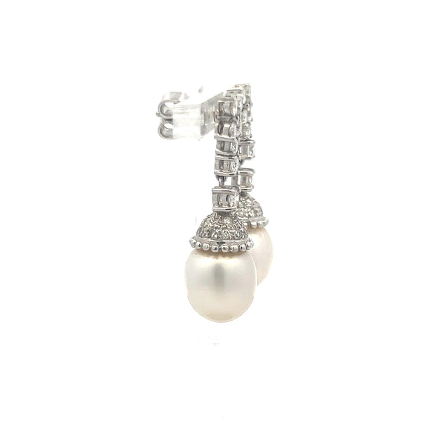 1.70 Carat Round Brilliant H VS Diamond 11.6-13MM Pearl Platinum Drop Earrings