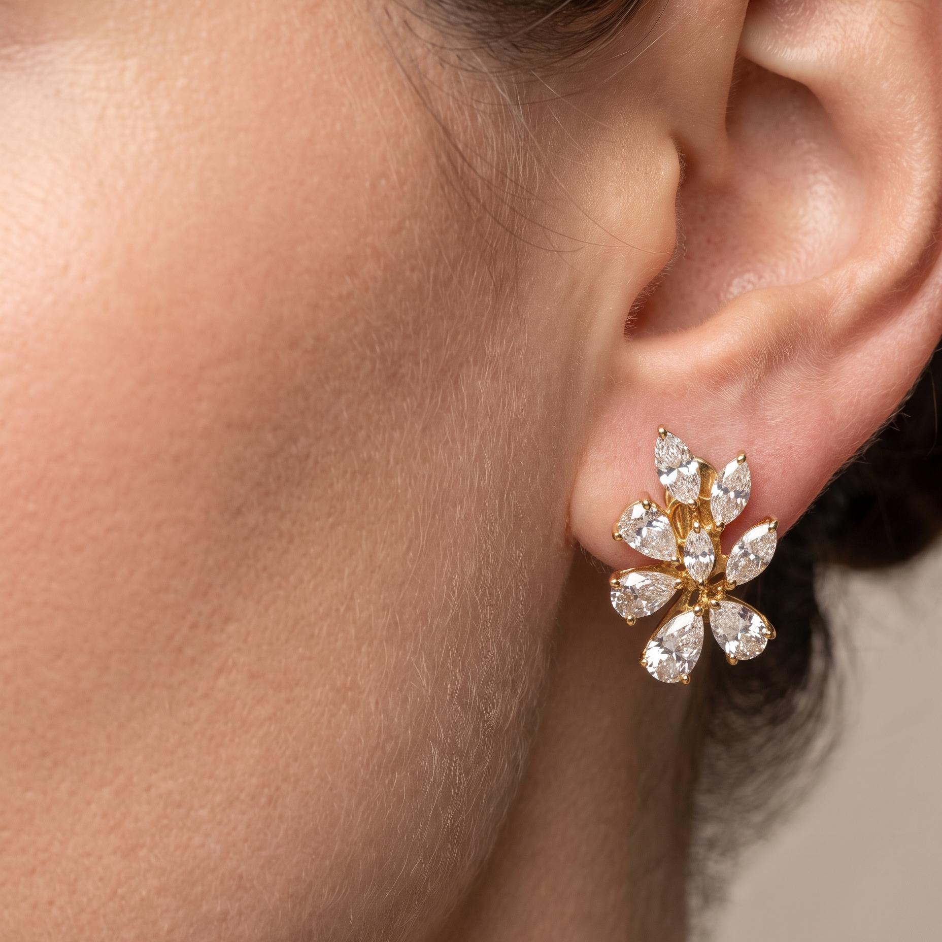 Vintage 18K Yellow Gold Cluster Earrings 10.55ct Pear & Marquis F VS Diamonds