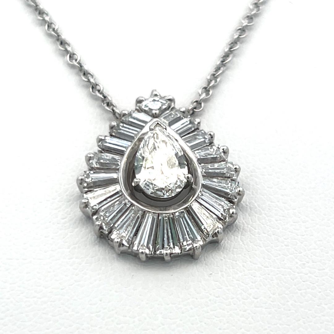 2.32ct Pear, Asscher & Baguette Diamond 14K White Gold Vintage Pendant Necklace
