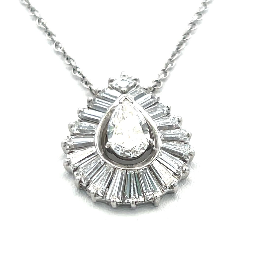 2.32ct Pear, Asscher & Baguette Diamond 14K White Gold Vintage Pendant Necklace