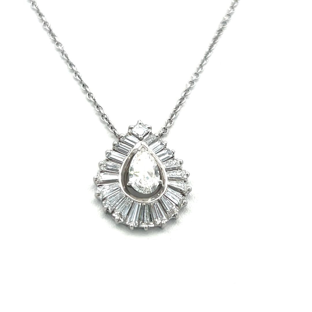 2.32ct Pear, Asscher & Baguette Diamond 14K White Gold Vintage Pendant Necklace
