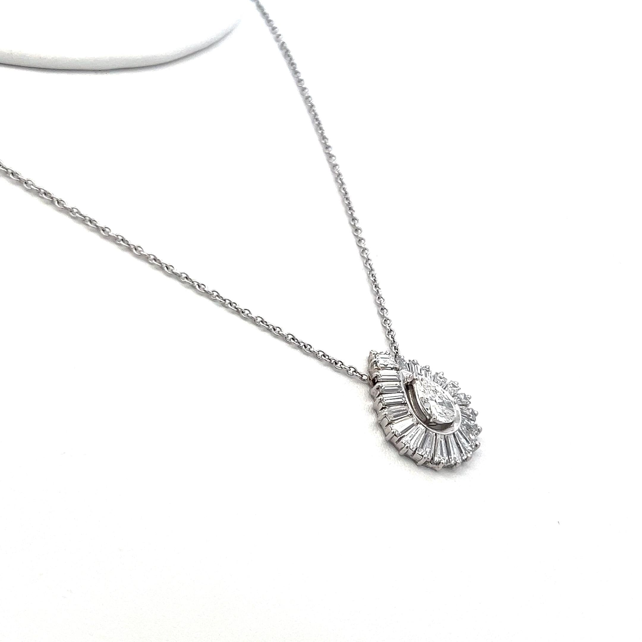 2.32ct Pear, Asscher & Baguette Diamond 14K White Gold Vintage Pendant Necklace