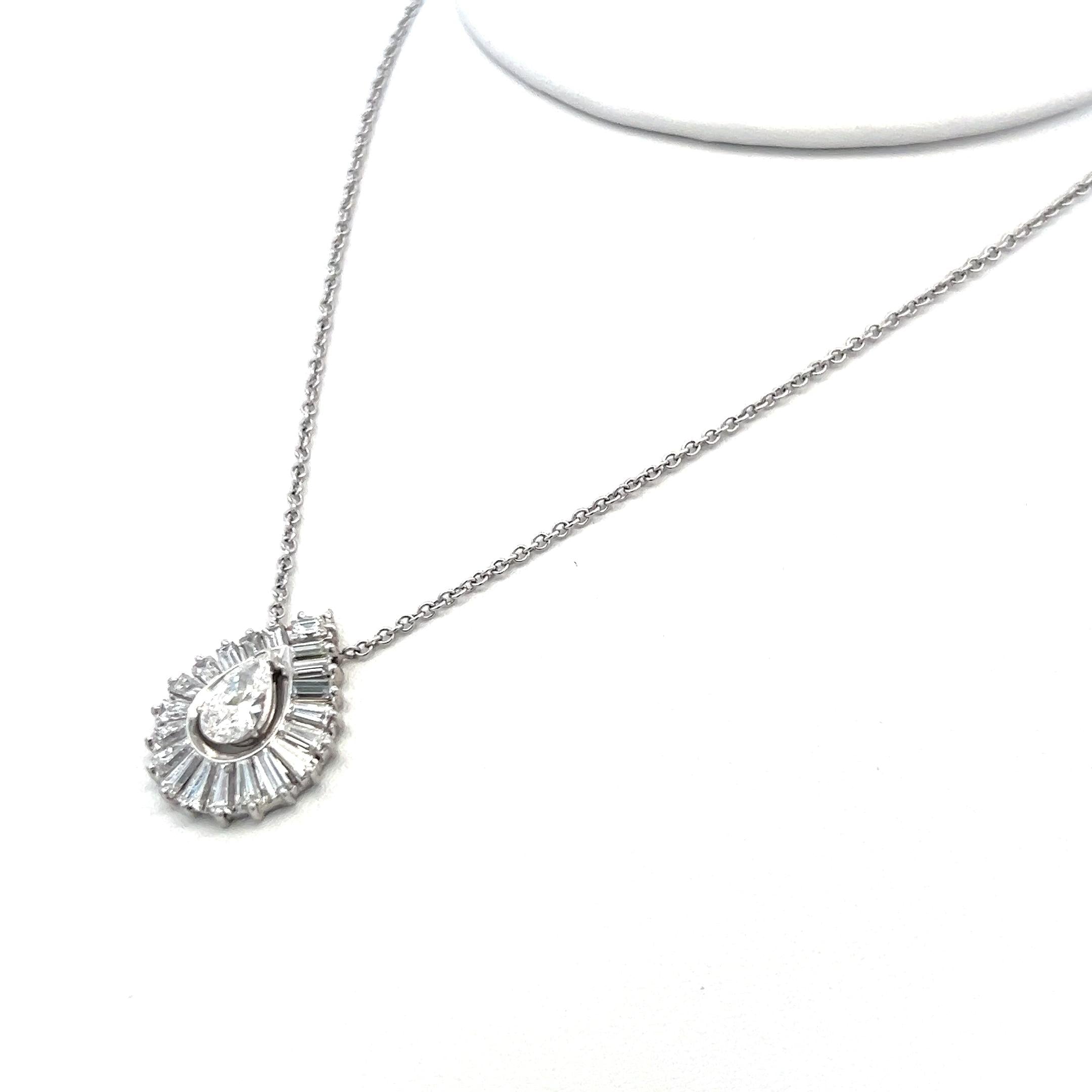 2.32ct Pear, Asscher & Baguette Diamond 14K White Gold Vintage Pendant Necklace