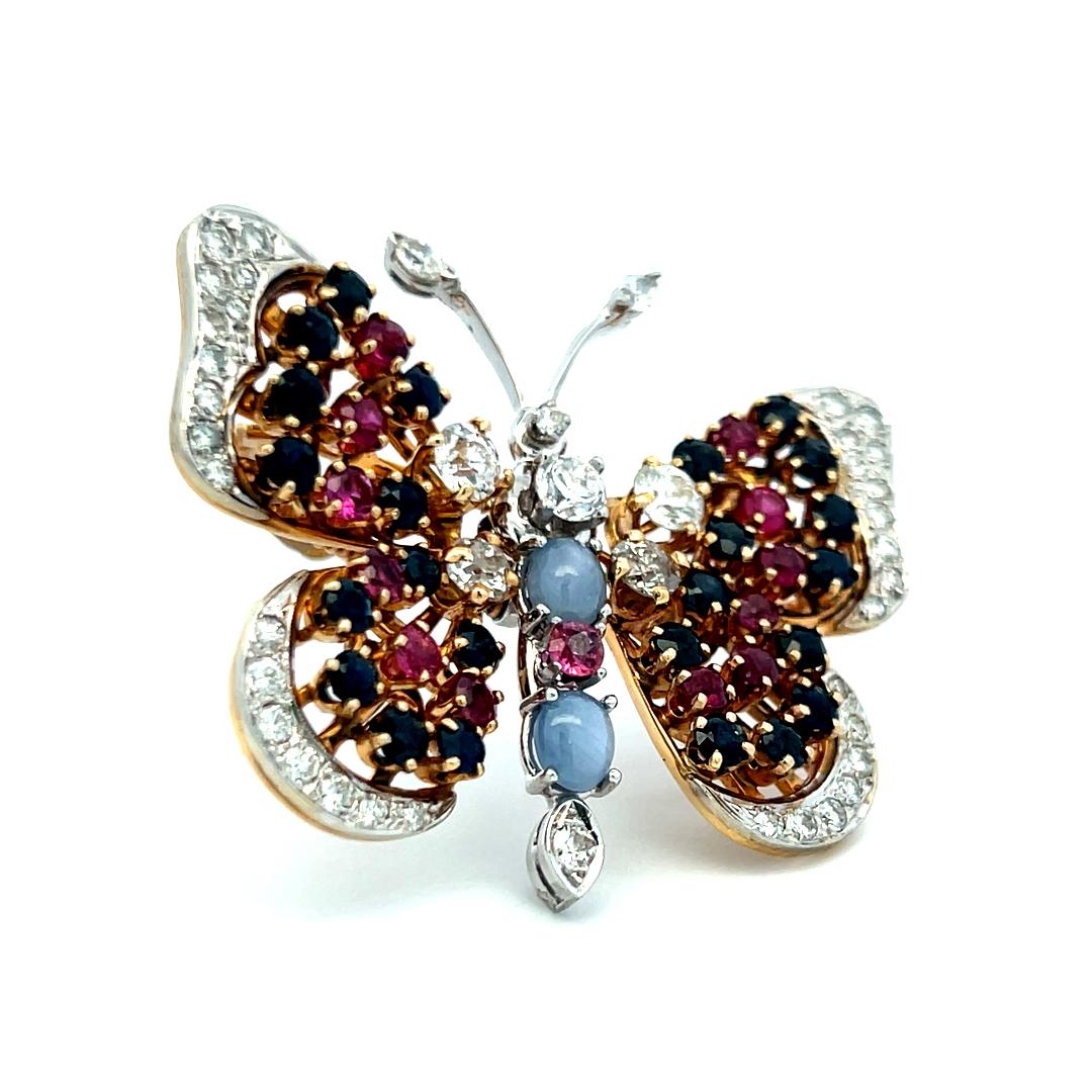 2.50ct Diamond, 2.40ct Sapphire & 1.30ct Ruby Two-Tone 14K Gold Pin Brooch