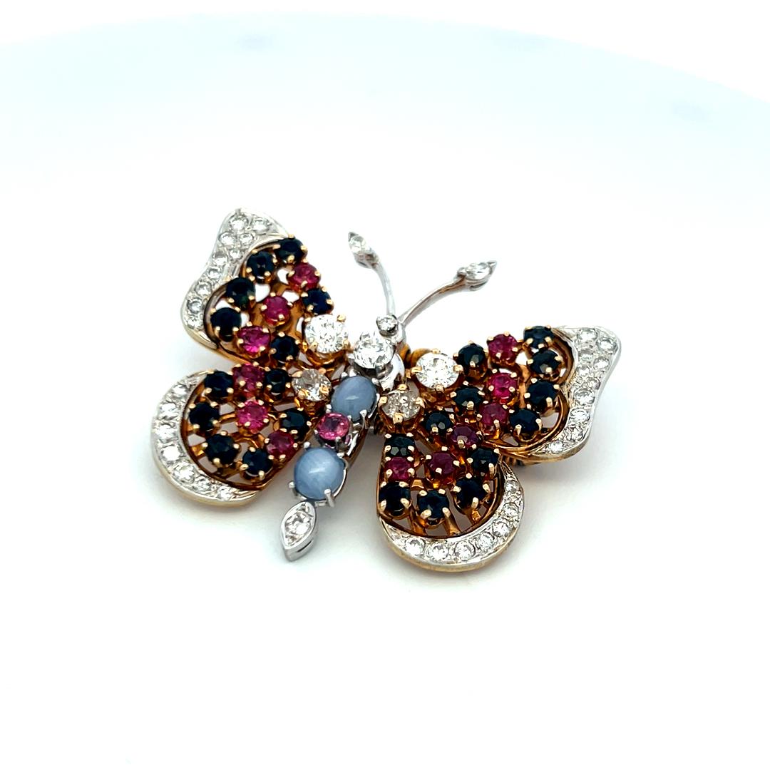 2.50ct Diamond, 2.40ct Sapphire & 1.30ct Ruby Two-Tone 14K Gold Pin Brooch