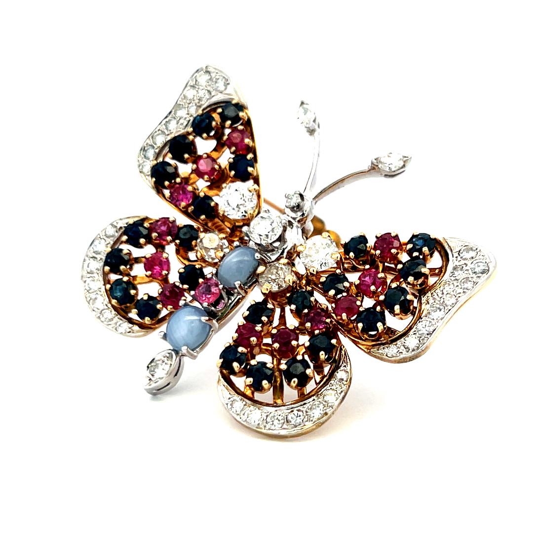 2.50ct Diamond, 2.40ct Sapphire & 1.30ct Ruby Two-Tone 14K Gold Pin Brooch