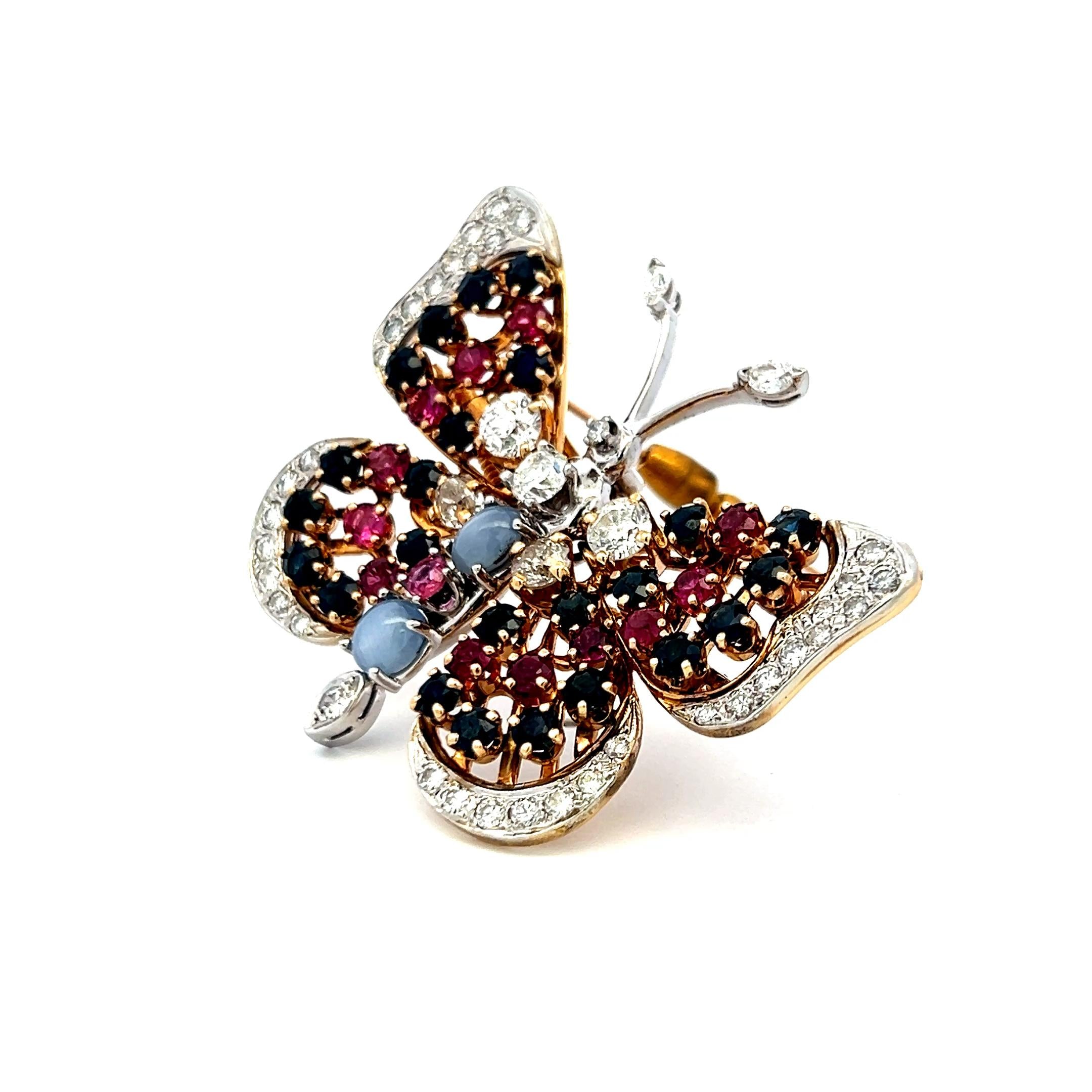 2.50ct Diamond, 2.40ct Sapphire & 1.30ct Ruby Two-Tone 14K Gold Pin Brooch