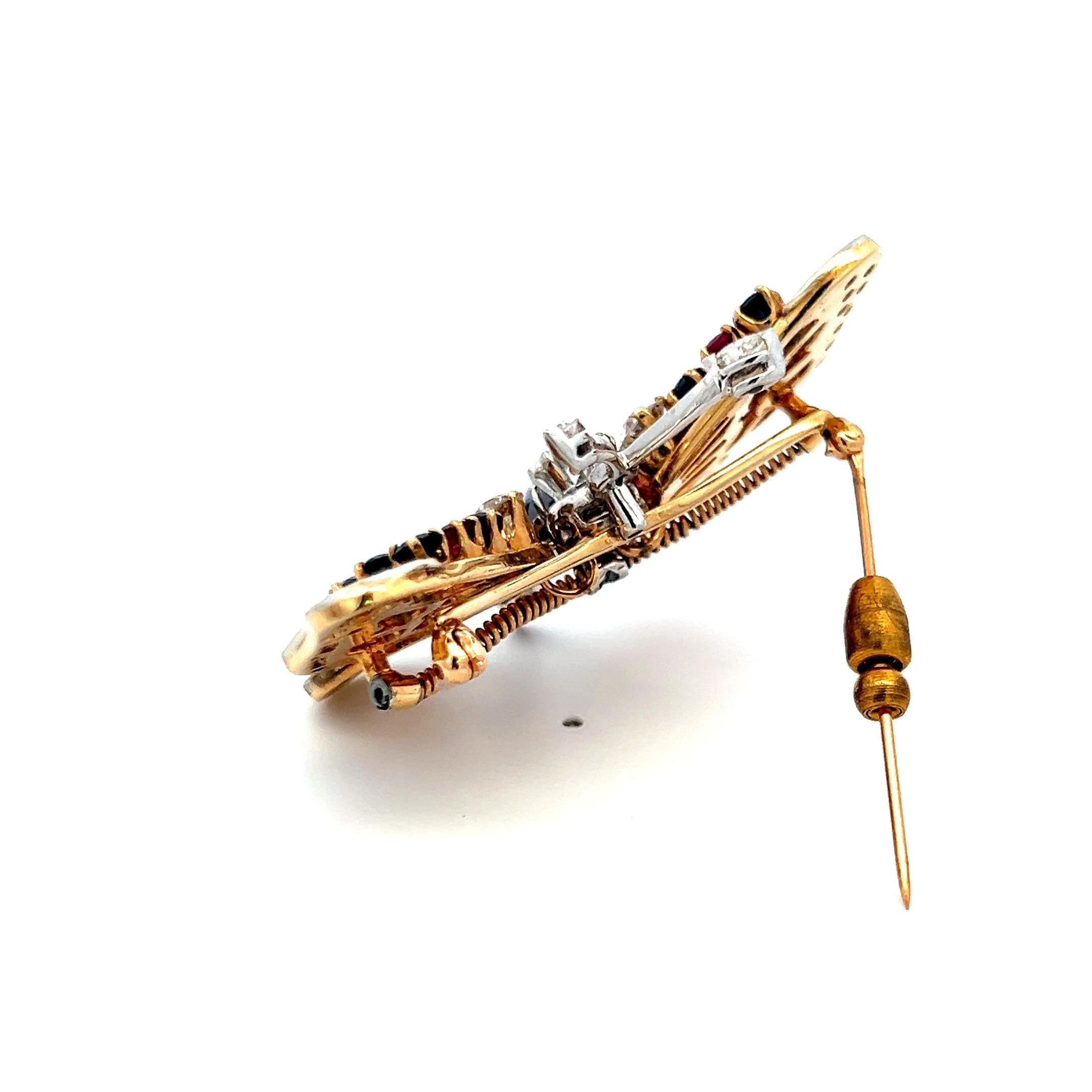 2.50ct Diamond, 2.40ct Sapphire & 1.30ct Ruby Two-Tone 14K Gold Pin Brooch