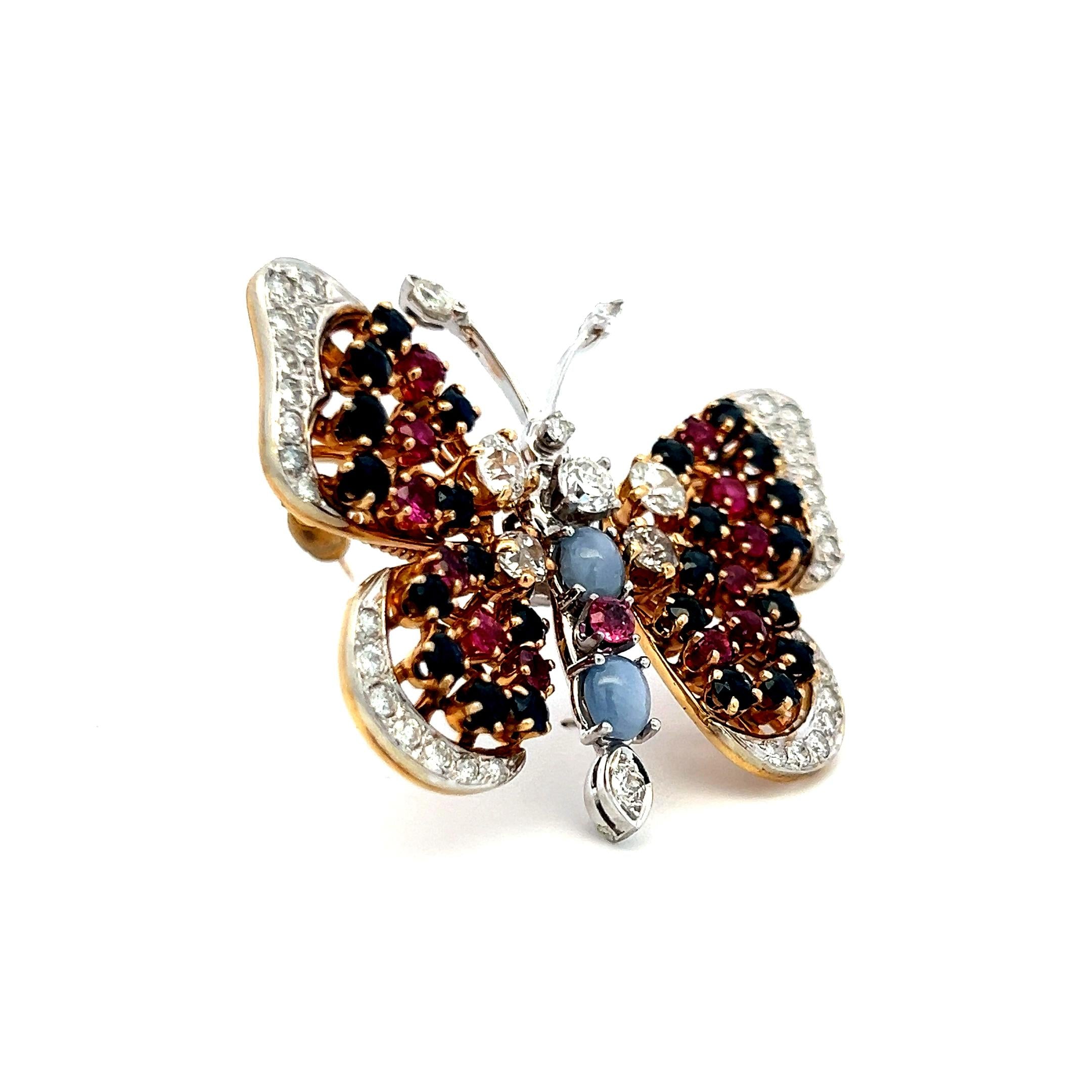 2.50ct Diamond, 2.40ct Sapphire & 1.30ct Ruby Two-Tone 14K Gold Pin Brooch