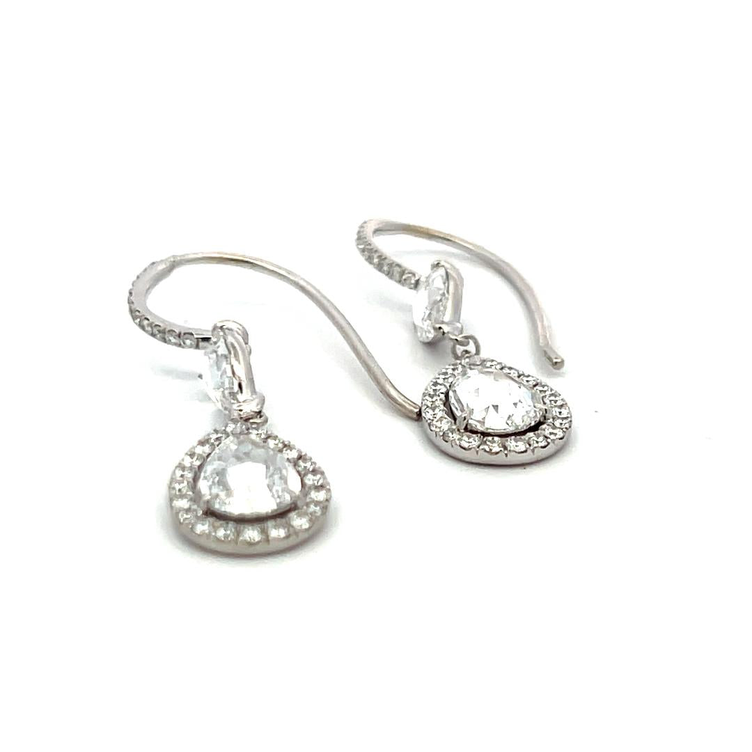2.60 Carat Rose Cut G VS Diamond 14K White Gold Drop Earrings