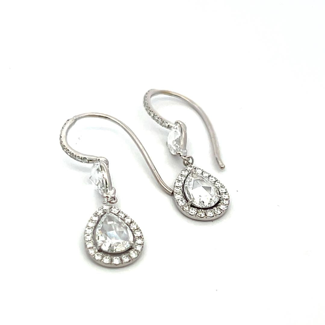 Vintage 14K White Gold Drop Earrings with 2.6ct Rose Cut & Round Diamonds