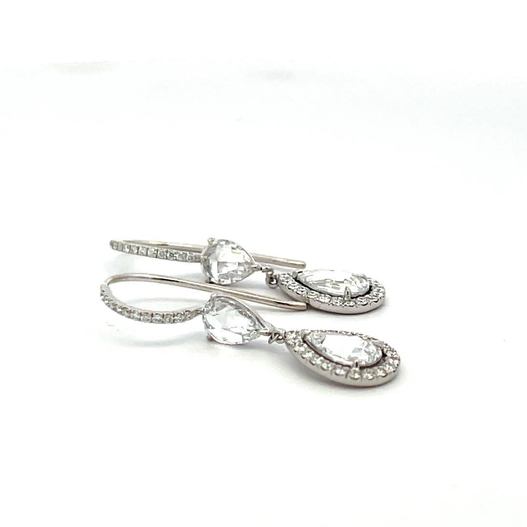 Vintage 14K White Gold Drop Earrings with 2.6ct Rose Cut & Round Diamonds