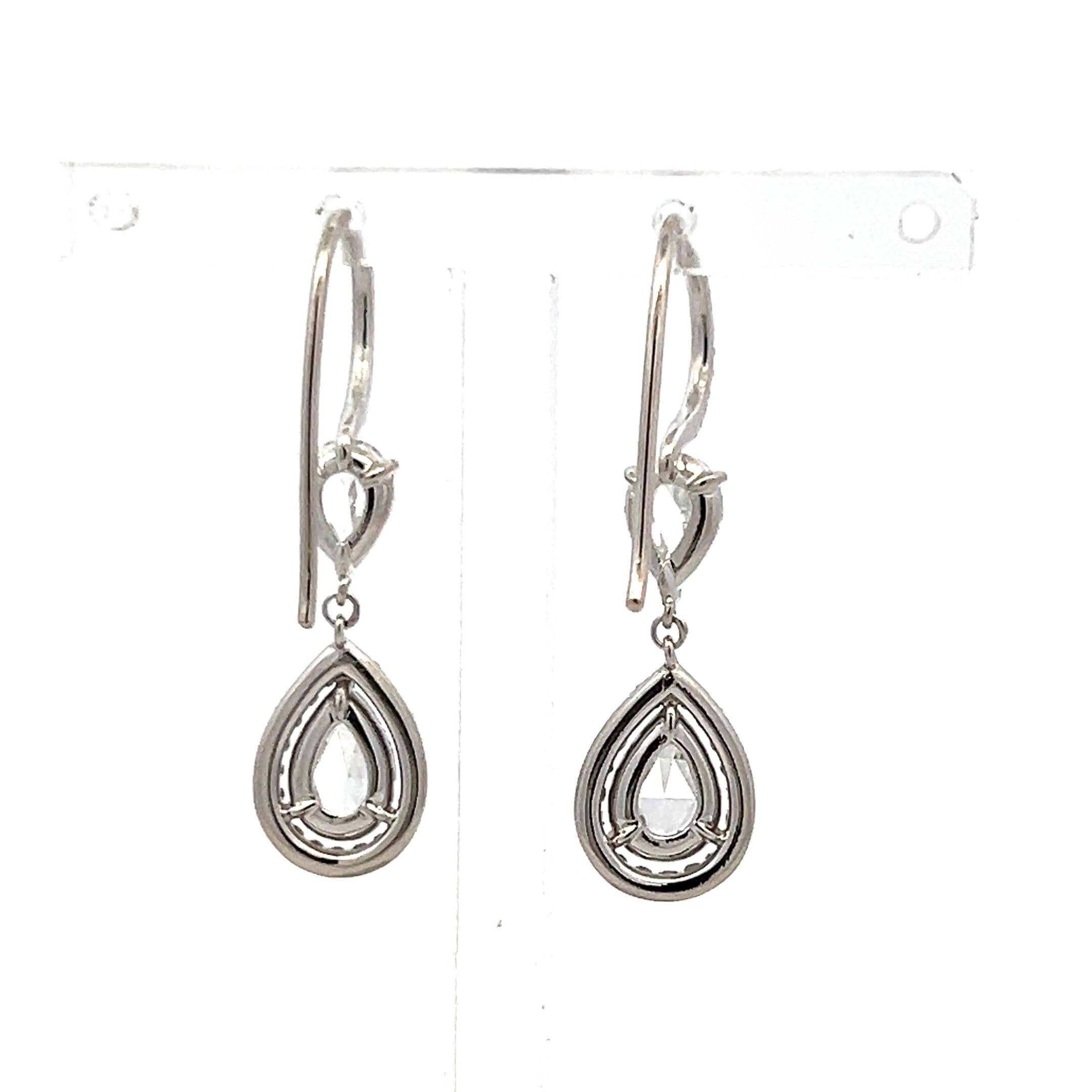 Vintage 14K White Gold Drop Earrings with 2.6ct Rose Cut & Round Diamonds