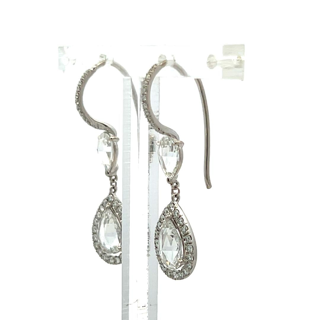 2.60 Carat Rose Cut G VS Diamond 14K White Gold Drop Earrings