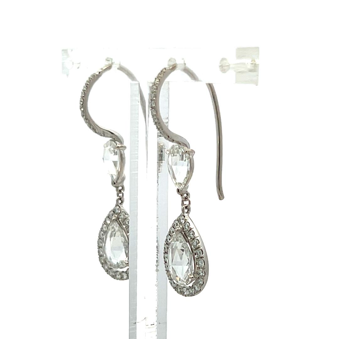 Vintage 14K White Gold Drop Earrings with 2.6ct Rose Cut & Round Diamonds