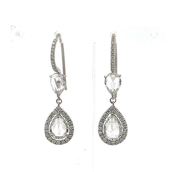 2.60 Carat Rose Cut G VS Diamond 14K White Gold Drop Earrings