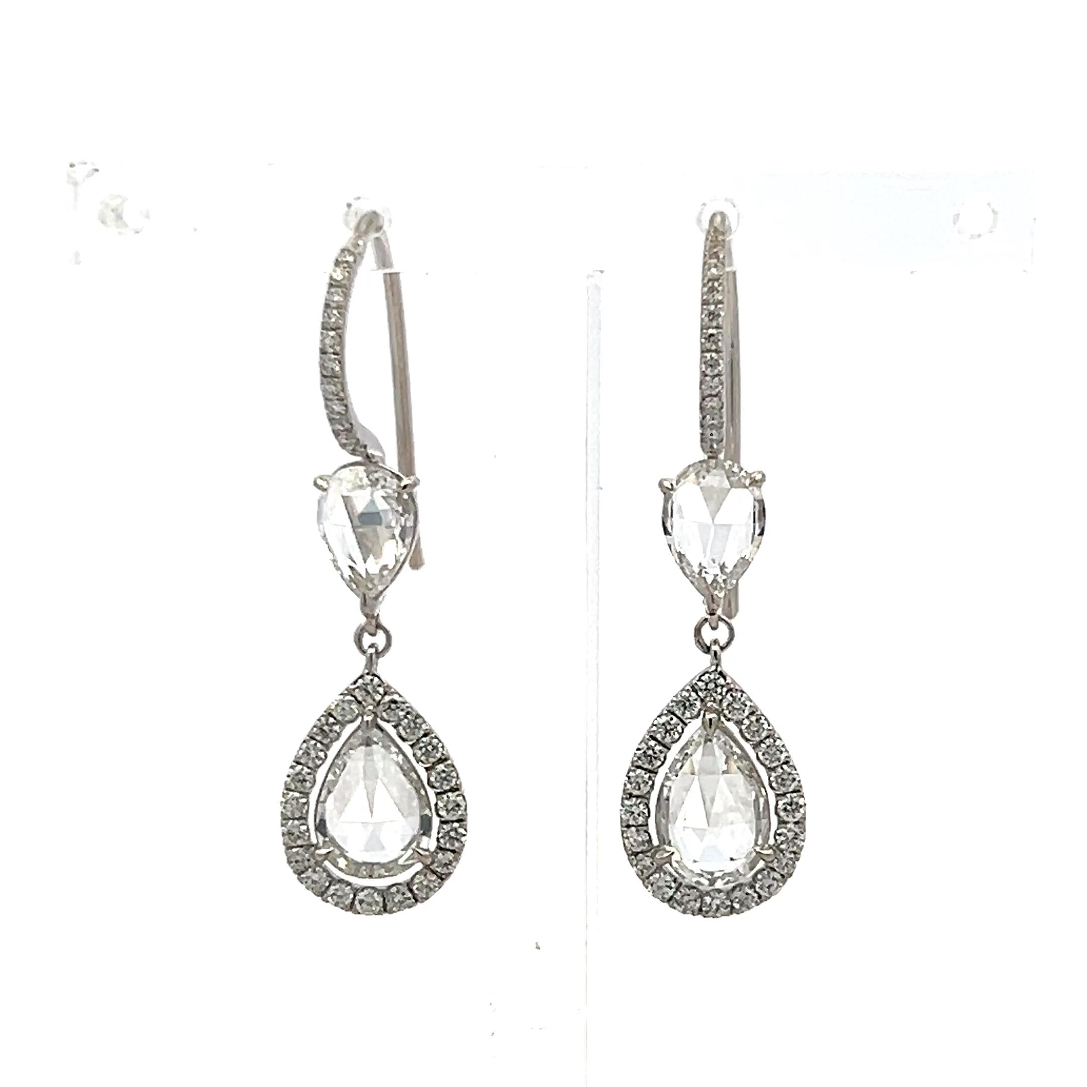 Vintage 14K White Gold Drop Earrings with 2.6ct Rose Cut & Round Diamonds