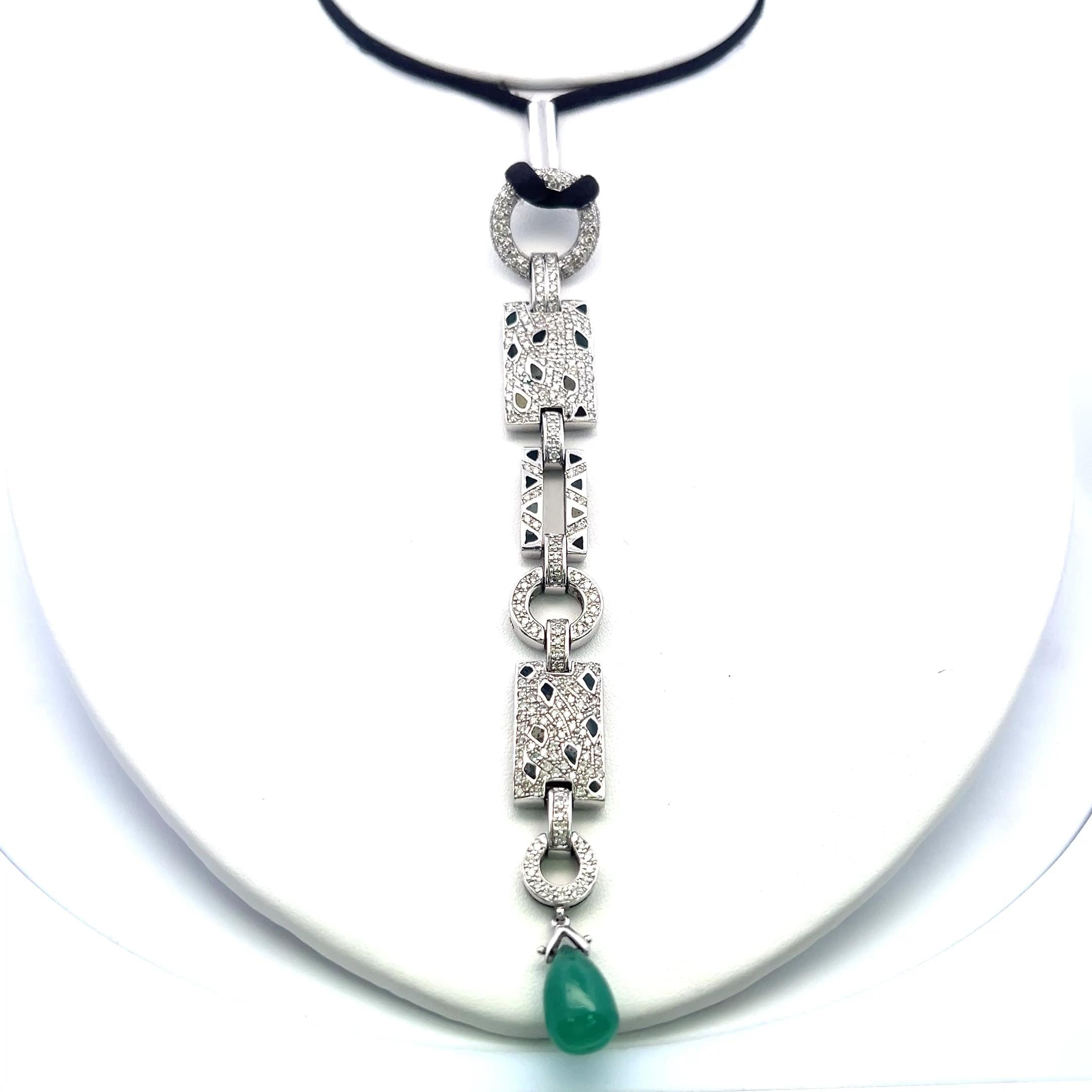 18K WG Pendant Necklace with 2.67 Carat Round H SI Diamonds & 12.4-8.6mm Emerald