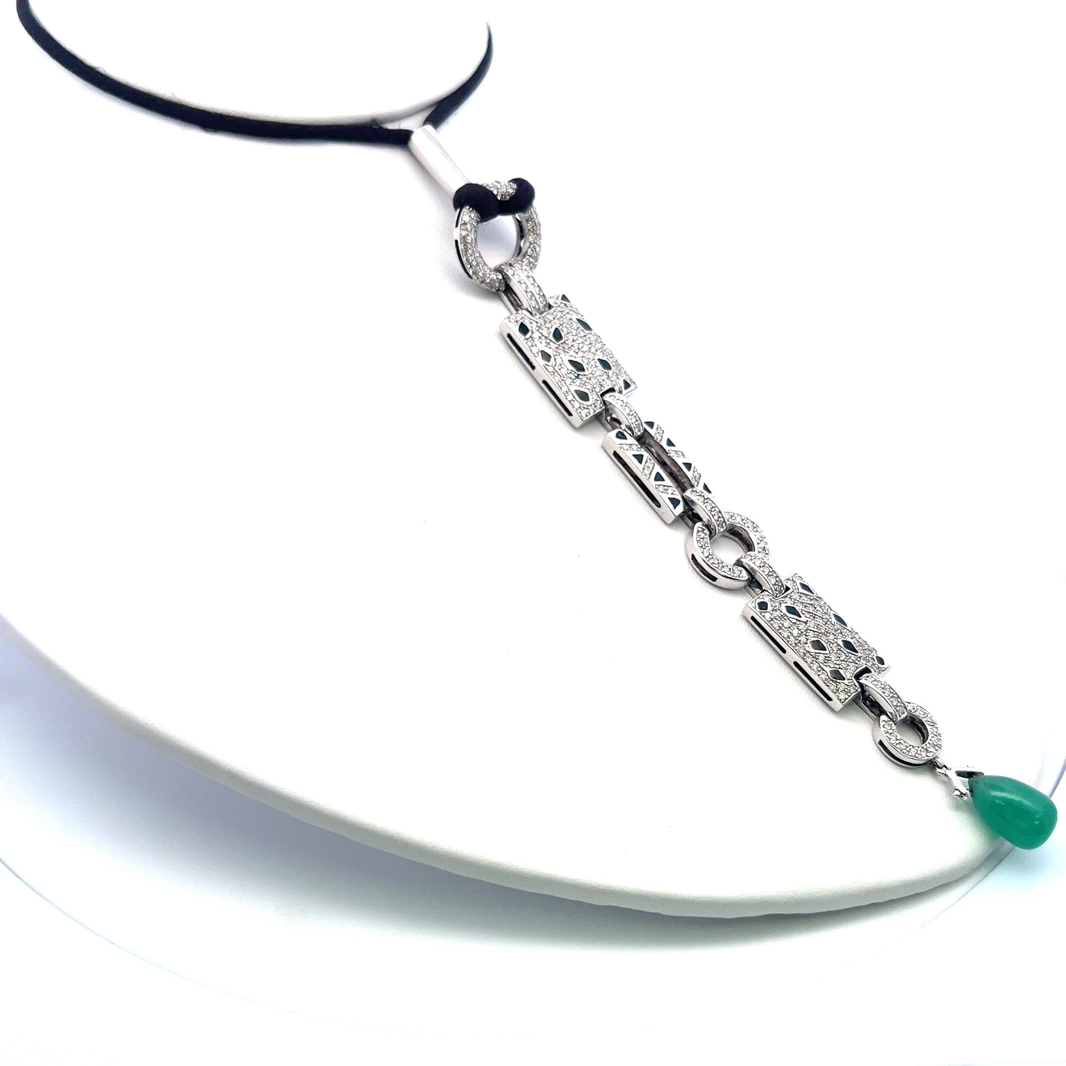 18K WG Pendant Necklace with 2.67 Carat Round H SI Diamonds & 12.4-8.6mm Emerald